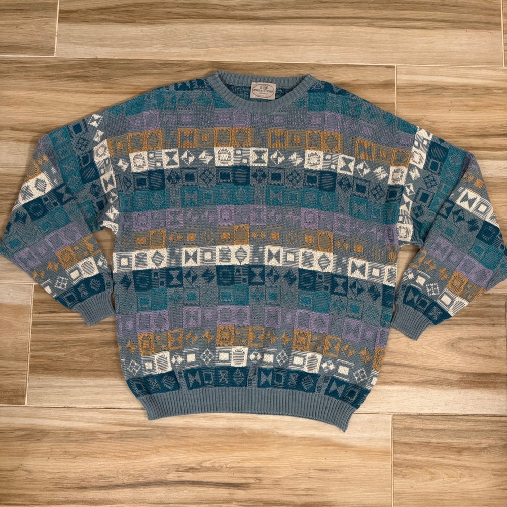 Vintage Pronto Uomo Firenze Geometric Knit Sweater Blue Purple Made in Italy